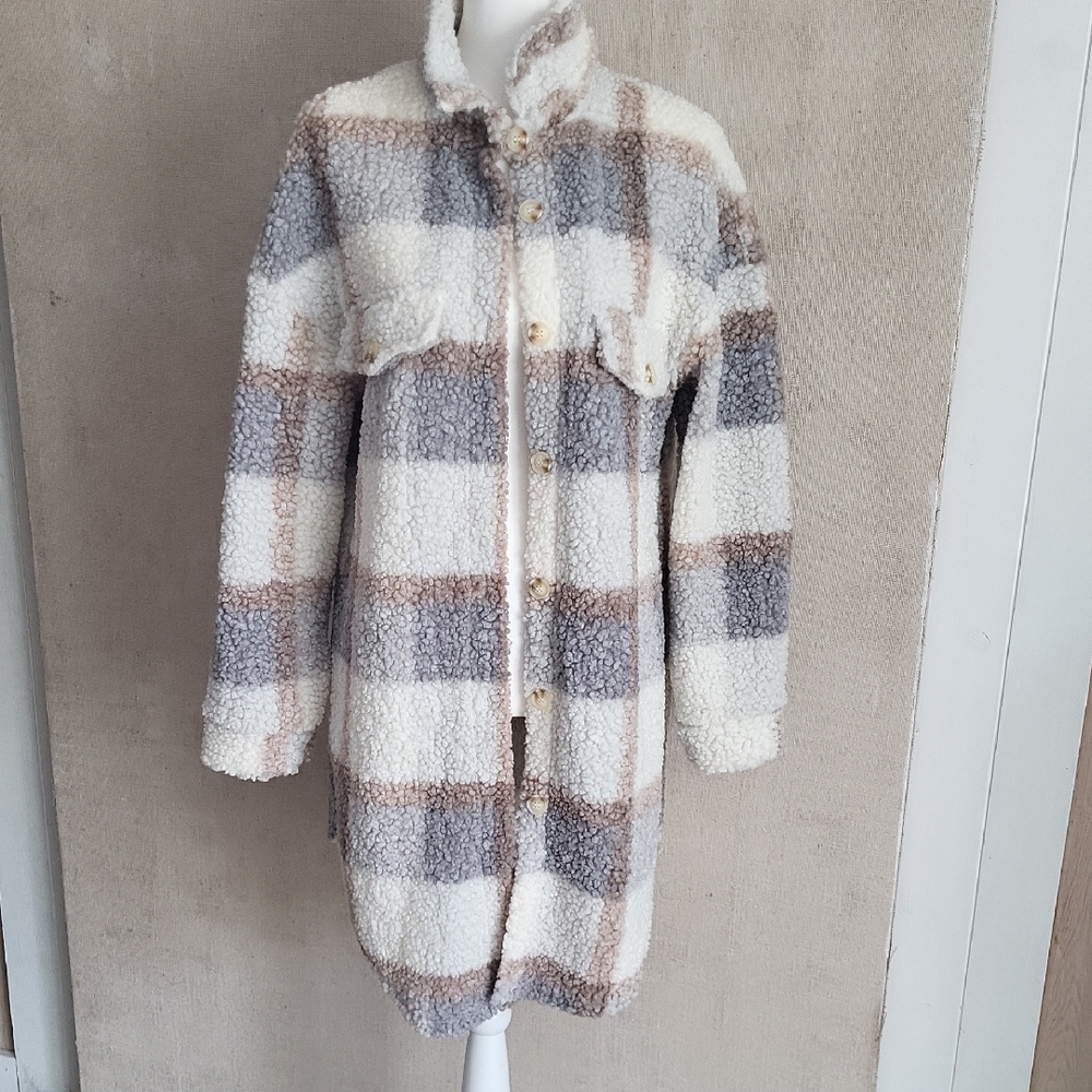 Plaid Fleece Long Teddy Jacket - Cream, Gray, and Brown L